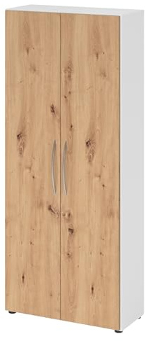 bümö Mehrzweckschrank 80cm breit, Aktenschrank o. Schuhschrank hoch, Schrank mit Regal, Küchenschrank in Weiß/Asteiche aus Holz, Vorratsschrank & Haushaltsschrank mit Metallgriffen