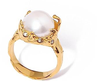 OdDdot Neuer Edelstahl Vintage 18 Karat vergoldeter Perlenring für Frauen Lässiger Trendiger Goldschmuck Persönlichkeit Kreativer Ring Geschenk