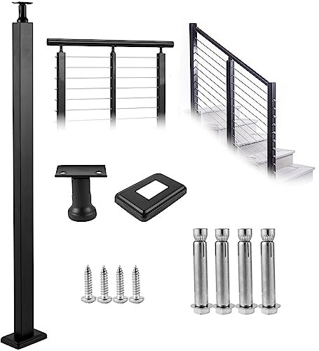 VEVOR Poteau Garde Corps Câble 106,7x5x5 cm Poteau Rampe d'Escalier Acier Inoxydable Poteau Balustrade Colonne Tige Main Courante Avec support de montage pour Jardin Terrasse Extérieur Intérieur Noir
