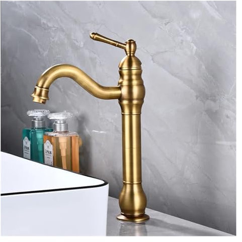 Fregadero de baño de latón antiguo, montaje en encimera alto, grifo mezclador frío y caliente for lavabo con caño largo giratorio (Color : Antique)