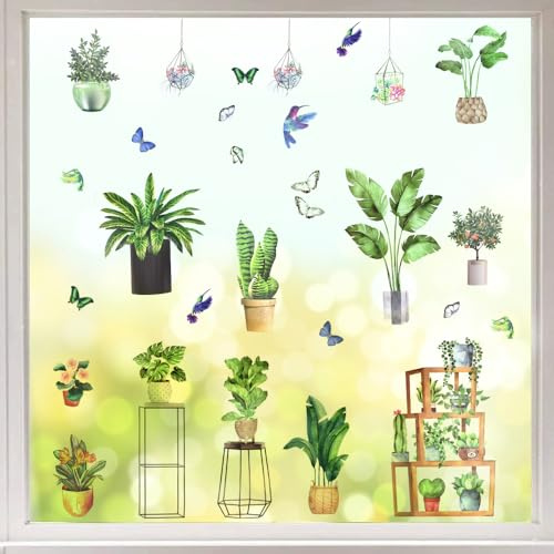 skytowards 4PCS Stickers Muraux, Stickers Fenetre Plante en Pot Autocollant Stickers pour Fenêtre Stickers Fleurs Plante Feuilles Papillon Sticker Mural Plante Tropicale Décoration Murale pour Maison