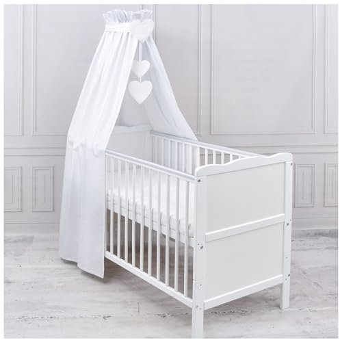 Generisch Baby Delux Babybett Himmel Betthimmel Baumwolle Baldachin für Babybett Kinderbett Wiege Stubenwagen Himmelstange Applikationen Herz Deko (Weiß, mit Himmelstange)