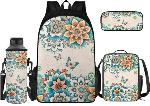 Coloranimal Ensemble sac à dos 43,2 cm + petit sac à déjeuner isotherme + trousse à crayons + housse pour bouteille d'eau, Fleur rétro., Ensemble cartable