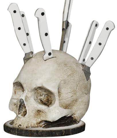 Porta coltelli con teschio - Blocco coltelli con teschio horror, organizer per porta coltelli con testa a forma di scheletro, portaoggetti spaventoso, decorazione di Halloween