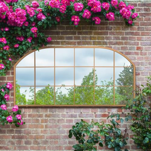 The Arcus - Gold Metal Framed Window Arched Garden Wall or Fence Mirror 69 X 33 (174CM X 85CM)