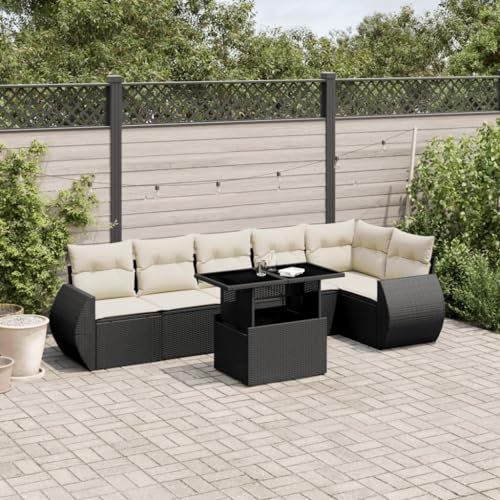 Homgoday Schlafsofa-Set Gartensofa Set mit Kissen 7-teilig Schwarz Polyrattan Loungesofa Gartensofa-Set Modern Outdoor Outdoor Deko
