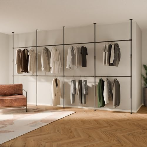 pamo Teleskop Kleiderstange 395 x 220-300 cm | Höhenverstellbarer Raumteiler Offener Kleiderschrank robuster Kleiderständer - Ohne Bohren, stabiler Stand