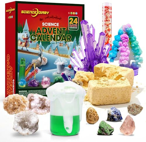SCIENCE DIARY Experimente & Edelstein Adventskalender 2025 für kinder - Weihnachtskalender mit 24 experimentierkasten and Kristalle, Spielzeug Adventskalender, STEM Geschenke für Junge Mädchen ab 8-14