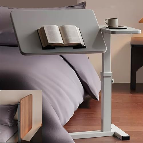 Höhenverstellbarer Beistelltisch Rollen Density Board Nachttisch, Laptop Nachttisch, Klappbar und Wendbar, mit Rollen und Klappen, für Zuhause, Krankenhäuser(White)