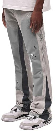 Acrawnni Herren Y2K Micro Flare Jeans, modisch, Tintenspritzer, Patchwork, Denim-Hose, Frühling, Sommer, Freizeithose, Hip-Hop, Streetwear, A-grau, M