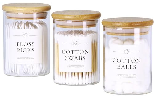 INIUNIK 3 Pack Qtip Holder Dispenser - Glass Apothecary Jars with Lids, Cotton Ball Pad Swab Round Holder, Bamboo Bathroom Accessories, Bathroom Organizers Containers Jars Canisters with Lids