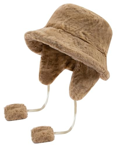 CLAPE Flauschig Kunstfell Wintermütze Warm Fischerhut mit Ohrenklappen Winter Bucket Hat Breite Krempe Eimer Hut Faltbar Anglerhut für Damen Herren