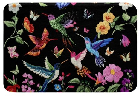 Loussiesd Vögel Badematte 40x60cm Blumen Badezimmerteppich für Duschraum Boho Badteppiche Waschbar Kohlenstoffschwarz Badematte Zimmer Dekor Badvorleger