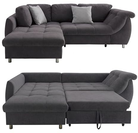 Ecksofa mit ausziehbarer Schlaffunktion B250/T190/H84 cm, Wellenunterfederung und Komfortschaum, Longchair Ottomane links mit Bezug Mikrofaser in Anthrazit, 2 Zierkissen Grau / 17008