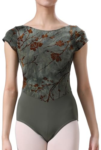 Dance Elite - Galadriel - Retro Printing Flocking Dance Leotard for Women (Olive, Adult M)