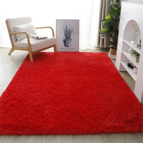 Highdi Tapis de Salon à Poils Longs Tapis Couleur Unie, Classique Doux Moelleux Grand Tapis Tapis de Chambre Antidérapant Confortable Tapis Shaggy pour Chambre Salon Couloir (Rouge,160x230cm)