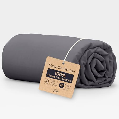 Bambaw 100% Viscose Derived from Bamboo Fitted Sheet Twin Size, Cooling Fitted Sheet with Corner Straps, Twin Mattress Fitted Sheet Only, 15’’ Deep Pocket Single Fitted Sheet Twin Size (Charcoal)