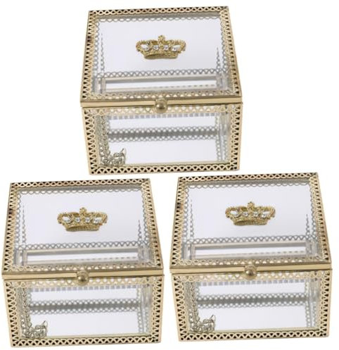 DEARMAMY 3stücke Square Glass Box Schmuckkästchen Mit Goldenen Akzenten Aufbewahrung Für Ringe Ohrringe Und Als Deko Und