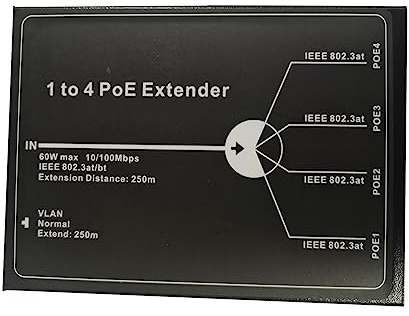 Blmirror 1 to 4 PoE Extender 4 Port PoE Extender IEEE802.3At Poe Extender Extender Decorative Accessories Max Extend 250M 65W Max for Ip Camera 10/100M