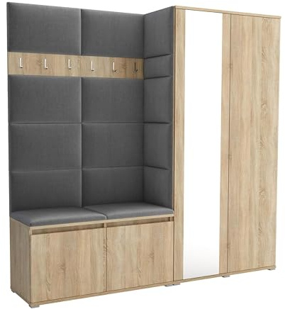 Brent - Flurgarderobe Luton 4, Garderobe Set: Schuhbank mit Sitzfläche, Garderobenpaneel, Garderobe mit Spiegel, Flur Möbel, Sonoma Eiche + Polsterpaneele in Hellgrau