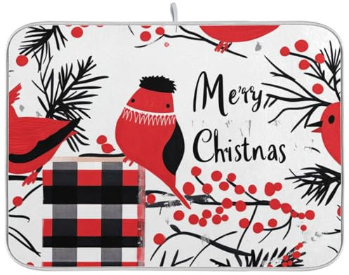 Tapete de secado de platos de Navidad con diseño de cascanueces rojos, árbol rojo, acebo, pájaro, acebo, tapete absorbente para secar platos, resistente al calor, escurridor de platos, encimera de