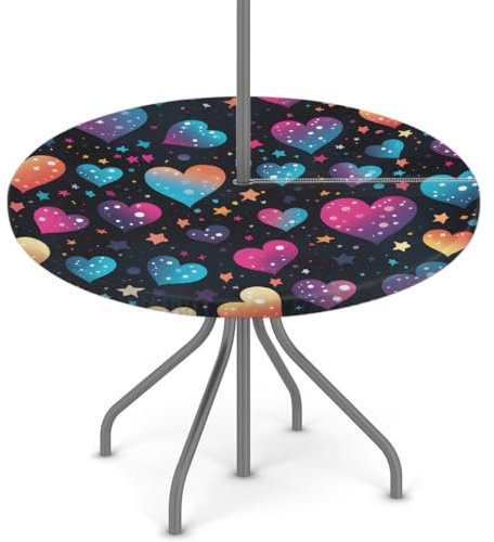 Woltant Nappe ronde avec trou de parasol et fermeture éclair facile à nettoyer avec bords élastiques - Protection de table d'extérieur pour jardin, terrasse, barbecue (étoiles fluo, cœurs)