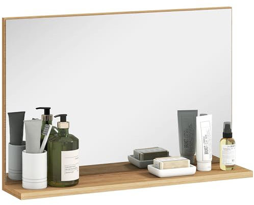 kleankin Specchio Bagno da Parete con Mensola, Specchiera Moderna Multiuso per Bagno, Camera e Ingresso, 60x12x40 cm, Legno