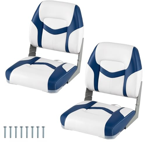 GYMAX 2 Pack Folding Boat Seat, Low Back Captain Chair with High-density Sponge Padded Cushions, Waterproof PVC Leather Ergonomic Fishing Boat Seat (Blue+White)