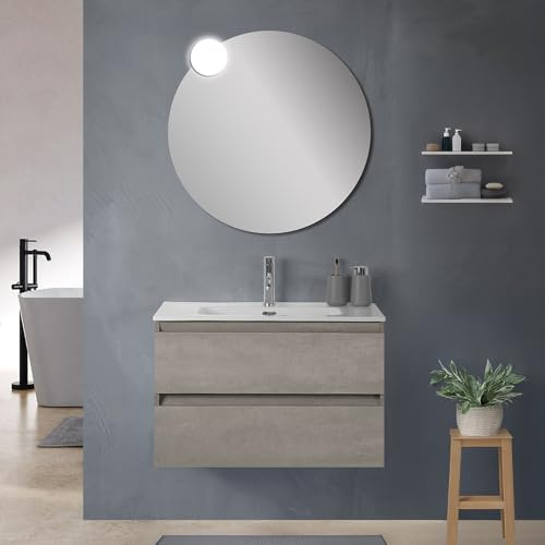 Mobile Bagno Sospeso 100 Cm In Legno Grigio Cemento Con 2 Cassetti, Lavabo Integrato - Design Moderno E Funzionale Leda