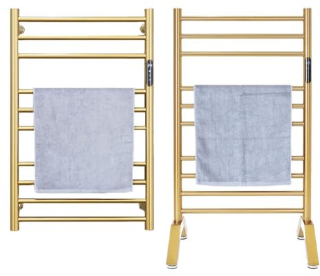 WRJAHCG Handtuchheizkörper Elektrisch Timer 1-8H,Handtuchtrockner Elektrisch Wandmontage/Freistehend Handtuchwärmer, Plug-In Badheizkörper Elektrisch Temperatur Einstellbar,Gold