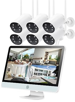 3MP Wireless CCTV System 8CH NVR Wifi IP Security Camera Set 12inch Monitor 2-Way Audio Waterproof Video Surveillance Kit(None,8CH NVR 6Cams(B))