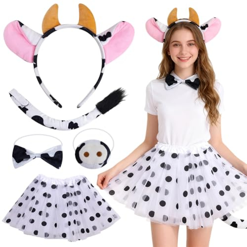 Conjunto de Disfraces de Animales, Vaca lechera Diadema para Disfraz de Orejas, Accesorios de Decoración de Fiesta, Accesorios de Cosplay de Animales para Niñas y Niños Fiesta de Disfraces-5pcs