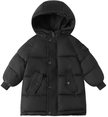 OBiQuzz Giacca trapuntata per bambini e bambine: piumino lungo, giacca invernale calda, con chiusura lampo, cappotto invernale, tinta unita, traspirante, per bambini, classico e confortevole, Nero