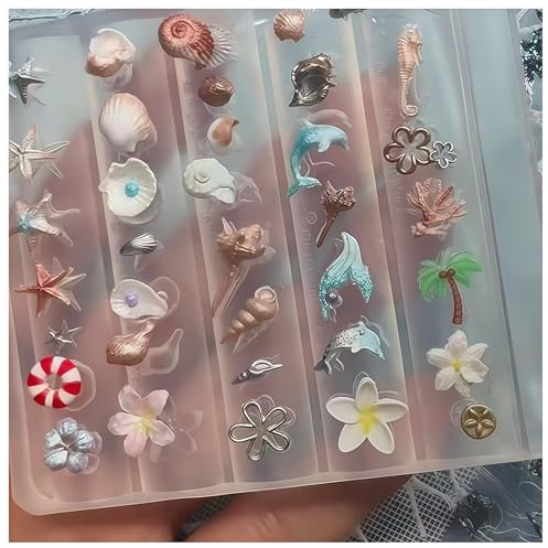 Moule en 3D Ongle, 3D Nail Mold, Gaufrage 3D Moule à Ongles, Moules de Coulée Résine Accessoires DIY Ongles, Différents Motifs, pour Nail Art Fournitures DIY, Charme (style océanique)