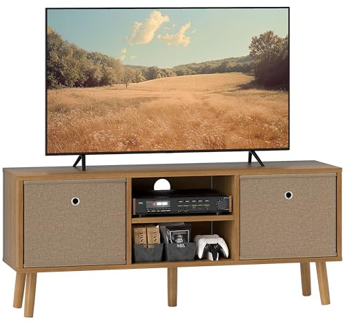HOMCOM Mueble de TV, Mesa de TV con 2 Cajones de Tela, 2 Estantes Abiertos, Orificios para Cables, para Televisores hasta 50 Pulgadas, Largo de 110 cm, para Salón, Dormitorio, Madera y Marrón