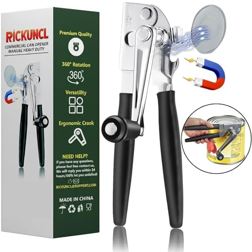 RICKUNCL Handlicher Dosenöffner mit Magnet, Edelstahl, Handdosenöffner mit klappbarer Kurbel, übergroßer Knopf für große Dosen und Dosen aller Größen