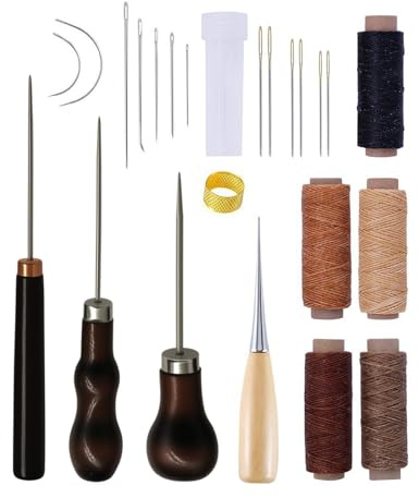 ALONK Donvuka 24 Stück Leder Werkzeug, Leder Nähset, Ahle Mit Holzgriff, Ledernähset mit Nähahle, Handnadeln, Wachsfadenrollen, Messingring, Spule und Greifer für Nähen, Lederstanzarbeiten