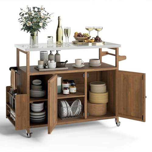 COSTWAY Grillwagen Outdoor, Servierwagen auf Rollen, Kücheninsel mit Edelstahl-Arbeitsplatte, Ablagen, Gewürzregal, Schrank & Handtuchhalter, Grill Trolley BBQ Grilltisch (2 Türen-130 x 47 x 92 cm)