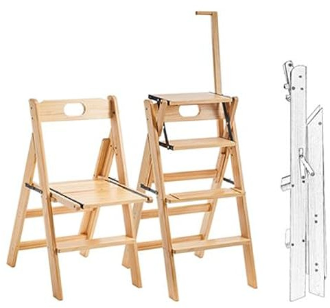 LWJSOCP Steps Solid Wood Folding Library Ladder Chair Step Ladders Step Chair, Foldable 4-Step Stool Dual Purpose Stepladders with Handrail,4-Step Climb Step Display Stand Flower Stand Ste