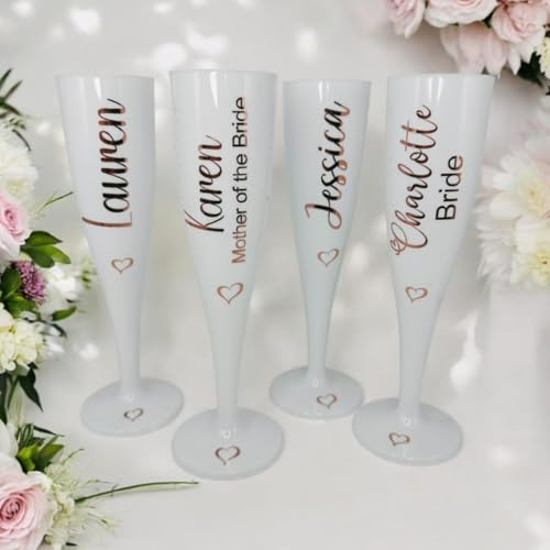 Lot de 6 flûtes à champagne blanches personnalisées avec différents noms – Cadeau de demoiselle d'honneur, enterrement de vie de jeune fille, enterrement de vie de jeune fille, cadeaux de mariage pour