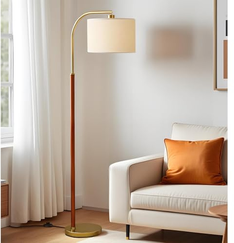 FINNCHY 66” Walnut Gold Floor Lamp for Living Room, 1200 Lumens 3-Level Brightness Arc Floor Lamp for Bedroom, Wood Vintage Mid Century Modern Standing Lamp, Adjustable Lampshade, LED Bulb Included