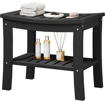 GarveeHome Taburete de Baño con Repisa de 2 Niveles, Banqueta de Ducha de HDPE Resistente al Agua, Resistente hasta 181 kg, 52×35×45 cm, Negro