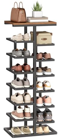 HOOBRO 8-stöckiges Schuhregal, hohe Schuhablage mit Metallrahmen, Schuhorganizer, platzsparend, für Eingangsbereiche, Schlafzimmer und Wohnzimmer, Vintagebraun und Schwarz EBF19XJ01