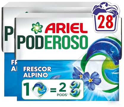 Ariel PODs PODEROSO, Detergente Líquido En Cápsulas 14 Lavados, Frescor De Los Alpes, Con Aditivos Integrados, Quitamanchas Y Eliminación De Olores X2 (Paquete de 2)