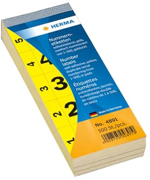 HERMA 4891 Nummernblock Zahlen 1-500, doppelt, 500 Stück, 56 x 28 mm, selbstklebend, matt, 2fach fortlaufende Papier Nummernetiketten Zahlenetiketten Anlagenummern, gelb