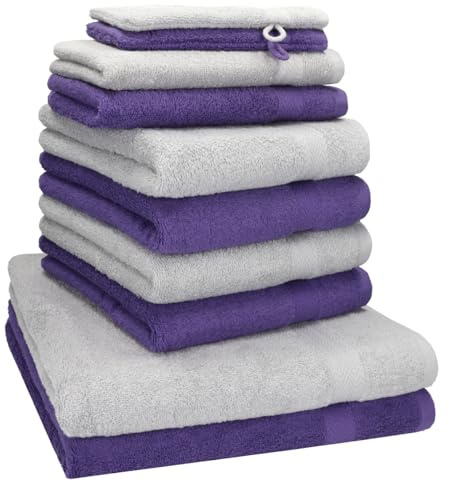 Betz 10-TLG. Handtuch-Set Premium 100% Baumwolle 2 Duschtücher 4 Handtücher 2 Gästetücher 2 Waschhandschuhe Farbe Silber Grau & Lila