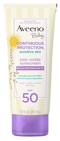 Aveeno Baby Continuous Protection Zinc Oxide Mineral Sunscreen Lotion for Sensitive Skin, Broad Spectrum SPF 50, Tear-Free, Sweat- & Water-Resistant, Paraben-Free, Non-Greasy, 7 fl. oz