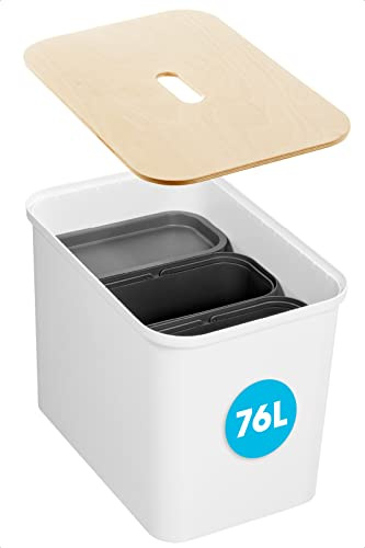 SmartStore Recycling-Mülleimer – 76 l großer Kücheneimer mit Holzdeckel, 3 x 13 l Eimereinsätze, 2 x kleine Deckel – stabile Recycling-Mülleimer für die Küche – weißer Kücheneimer