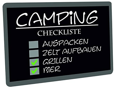 Crealuxe Fussmatte – Camping Checkliste - 60x40 cm - Gummi Rückseite/rutschfest - Filzoberfläche - Bedruckte Türmatte - Innenmatte - Schmutzmatte