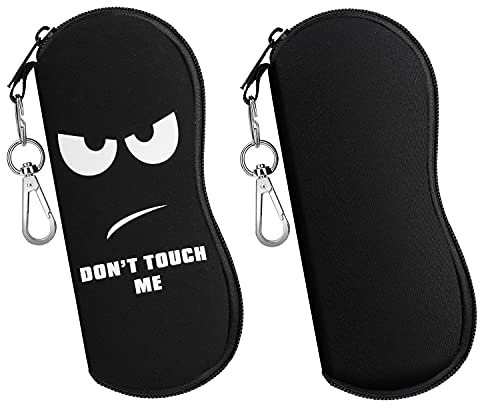 MoKo Étuis à Lunettes, Lot de 2 Pochette à Lunettes de Soleil en Néoprène avec Crochet Portable, Étui Souple pour Lunettes à Fermeture Éclair Anti-rayures pour Homme Femme - Noir + Don't Touch Me